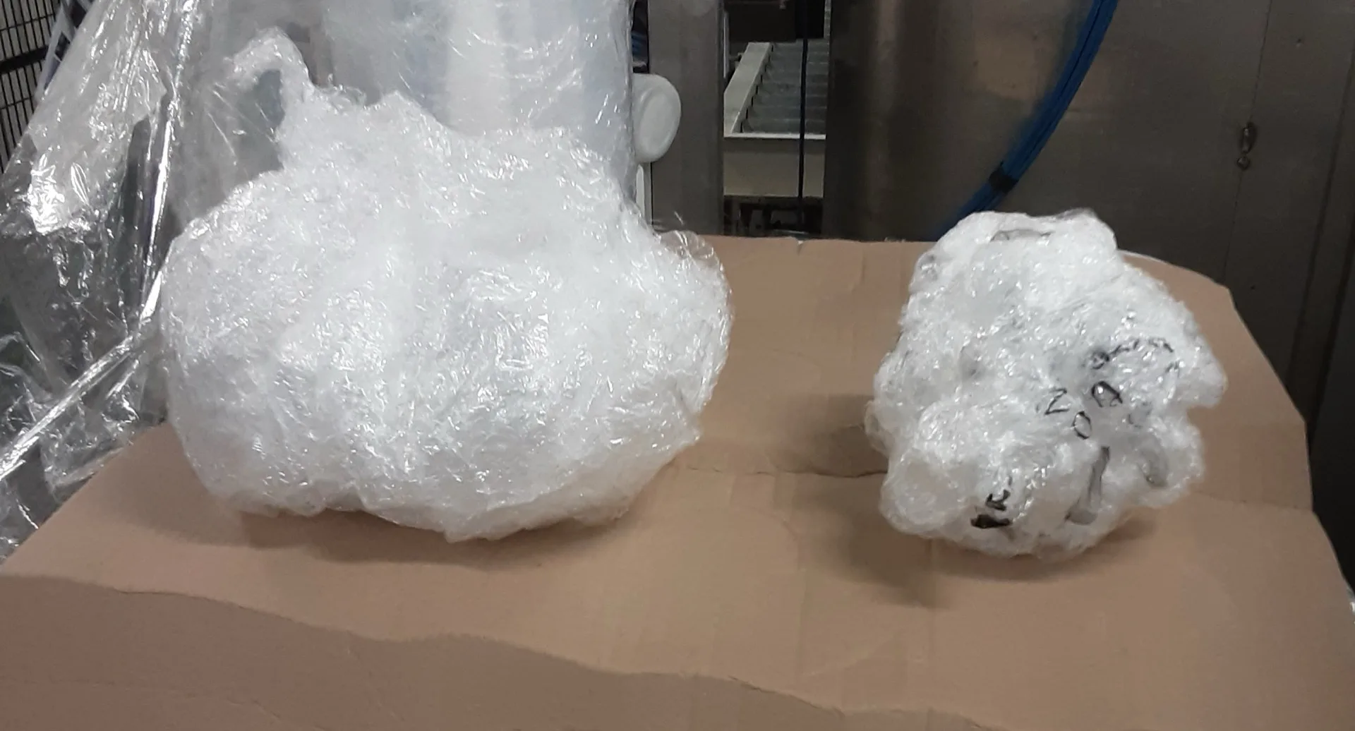 Before and after film usage comparison — the larger ball represents excessive film use, the smaller ball shows optimised usage with less material