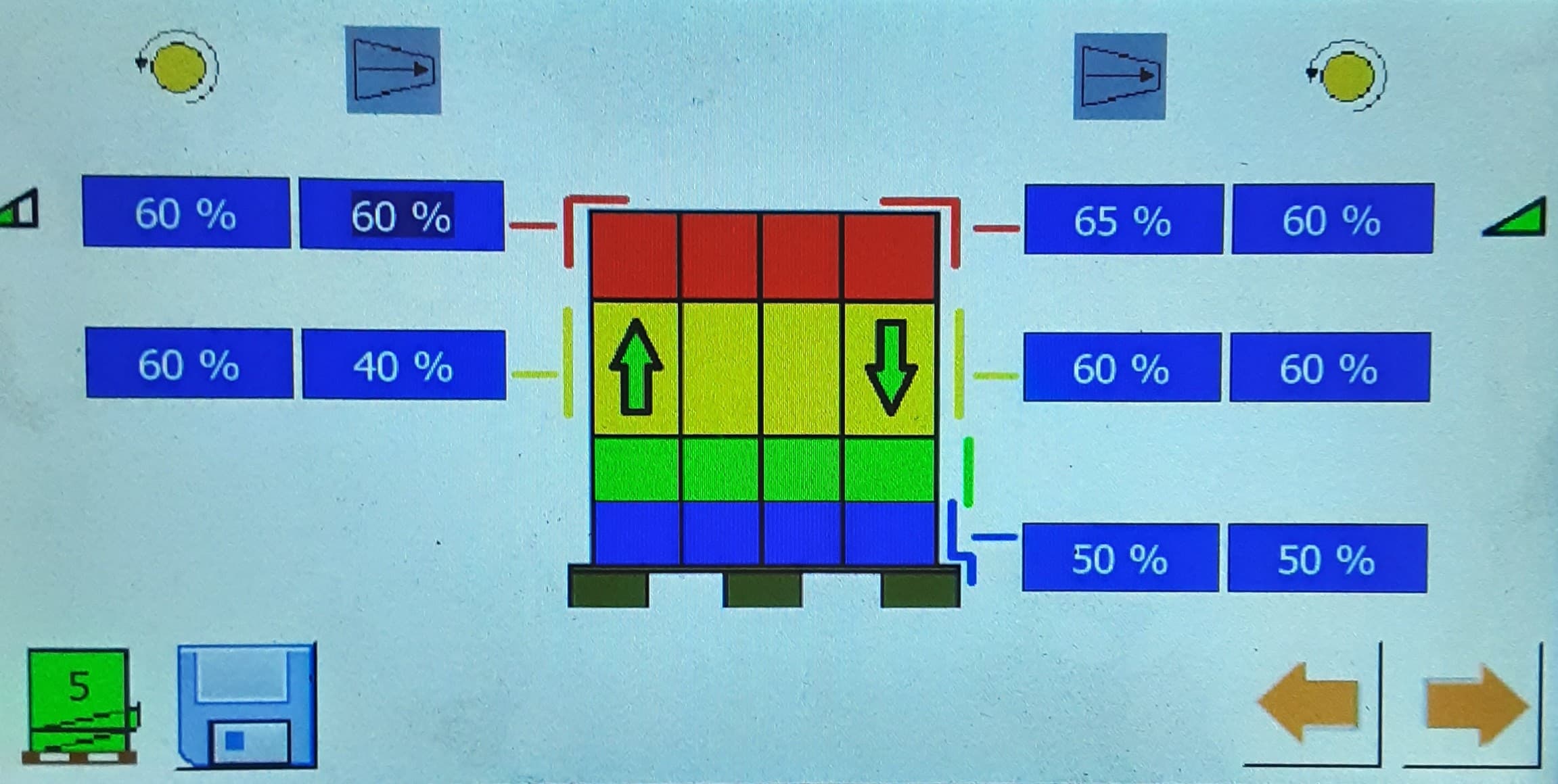 Wrapping machine control panel showing pre-stretch percentage settings per load zone before optimisation