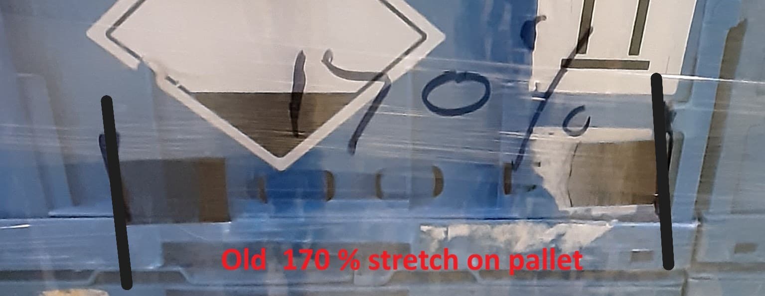 DM Hungary pallet wrapped with 17-micron standard film at 170% pre-stretch, before the switch to multilayer.