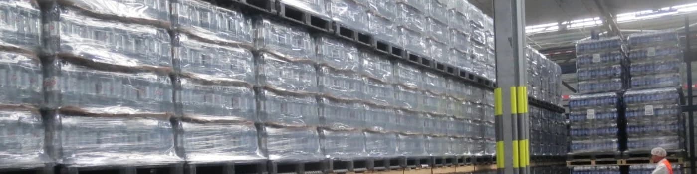 Stretch film wrapped pallets in factory